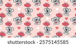 Cute koala holding heart shape balloons cartoon seamless pattern, vector illustration