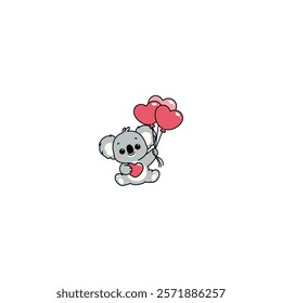 Cute koala holding heart shape balloons cartoon, vector illustration