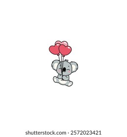 Cute koala holding heart shape balloons cartoon, vector illustration