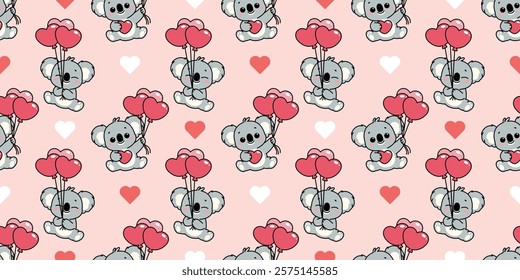 Cute koala holding heart shape balloons cartoon seamless pattern, vector illustration