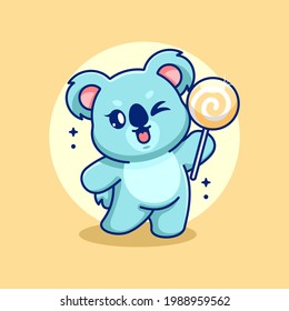 Cute koala holding a lollipop cartoon
