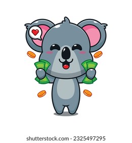 cute koala holding money cartoon vector illustration.