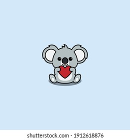 Cute koala holding red heart shaped cartoon, vector illustration