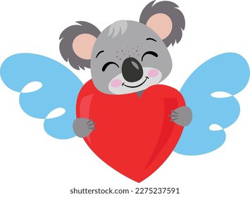 Cute koala holding a red heart with wings
