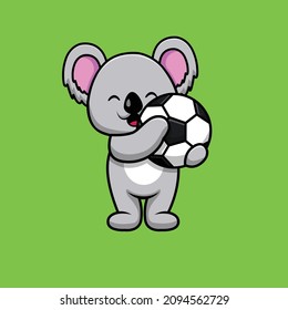 Cute Koala Holding Soccer Ball Cartoon Vector Icon Illustration. Animal Sport Icon Concept Isolated Premium Vector. Flat Cartoon Style
