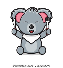 Cute koala holding spoon and fork  character cartoon icon illustration. Design isolated flat cartoon style