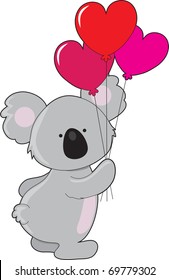 A cute koala is holding three balloons shaped like hearts