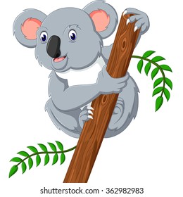 Cute koala holding tree