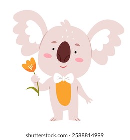 Cute koala holding a yellow tulip in his hand. Spring character in pastel colors.