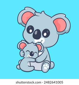 Cute Koala Hug Baby Koala Cartoon Vector Icon Illustration. Animal Nature Icon Concept Isolated Premium Vector. Flat Cartoon Style