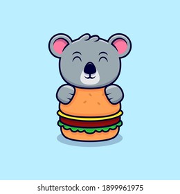 Cute Koala Hug The Big Burger Mascot Cartoon Vector Illustration. 