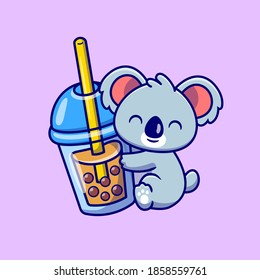 Cute Koala Hug Boba Milk Tea Cartoon Vector Icon Illustration. Animal Drink Icon Concept Isolated Premium Vector. Flat Cartoon Style