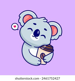 Cute Koala Hug Coffee Cartoon Vector Icon Illustration. Animal Drink Icon Concept Isolated Premium Vector. Flat Cartoon Style