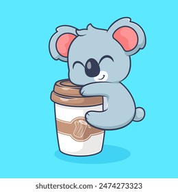 Cute Koala Hug Coffee Cup Cartoon Vector Icon Illustration. Animal Drink Icon Concept Isolated Premium Vector. Flat Cartoon Style