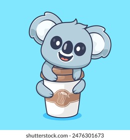 Cute Koala Hug Coffee Cup Cartoon Vector Icon Illustration. Animal Drink Icon Concept Isolated Premium Vector. Flat Cartoon Style