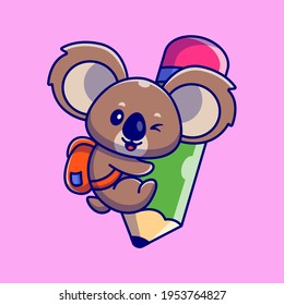 Cute Koala Hug Pencil Cartoon Vector Icon Illustration. Animal Education Icon Concept Isolated Premium Vector. Flat Cartoon Style