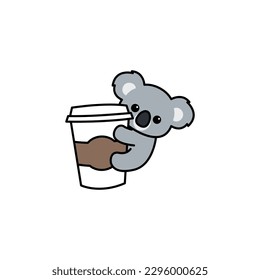 Cute koala umarmt einen Kaffeetassen-Cartoon, Vektorgrafik