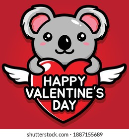 cute koala hugging a heart with happy valentine's day greetings