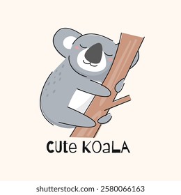 Cute koala hugging a tree vector illustration, childish background. Suitable for wall art or nursery decoration, tee print, cover and other media.