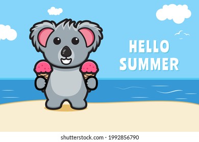 Cute koala and ice cream with a summer greeting banner cartoon vector icon illustration. Design isolated on blue. Flat cartoon style.