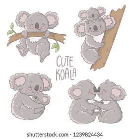 Cute koala illustration, vector set.