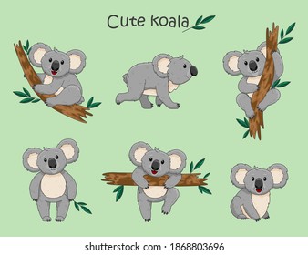 Cute koala illustration, vector set. Cute Cartoon Koala is sitting on a tree. Elements for textile, t-shirts, background.