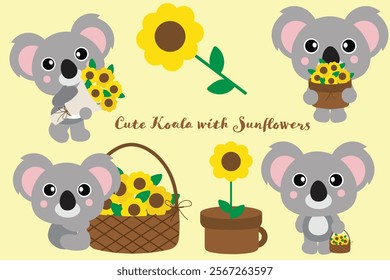 Cute Koala Illustrations with Sunflowers