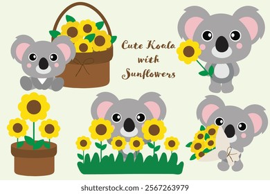 Cute Koala Illustrations with Sunflowers