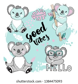 Cute koala and inscription good vibes on a white background collection