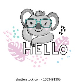 Cute koala and inscription hello on white background