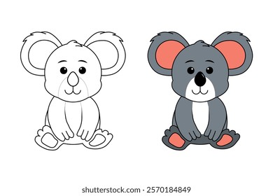 A Cute Koala isolated black and white outline with colour guide for coloring book