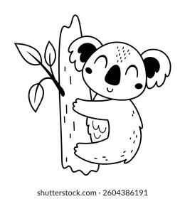 Cute koala isolated black and white animal doodle. Hand drawn vector illustration in flat style