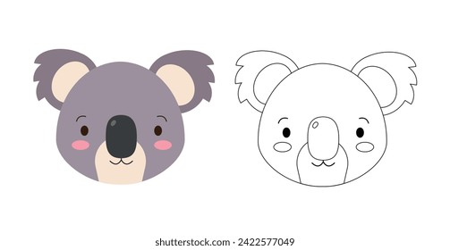 La coqueta koala aislada de fondo blanco. Caricatura colorida y en blanco y negro koala para colorear un libro. Libro de Colores para niños. Material vectorial