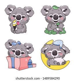 Cute koala kawaii cartoon vector characters set. Adorable and funny animal eating eucalyptus, sleeping  isolated stickers, patches pack. Anime baby in gift box, eating ice cream on white background