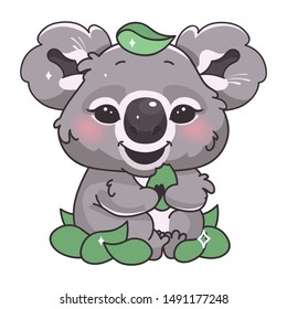 Cute koala kawaii cartoon vector character. Adorable and funny smiling animal eating eucalyptus isolated sticker, patch, kids book illustration. Anime baby koala bear emoji on white background
