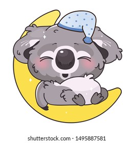Cute koala kawaii cartoon vector character. Adorable and funny animal sleeping on moon isolated sticker, patch, kids book illustration. Anime baby koala in night cap emoji on white background