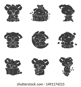 Cute koala kawaii character glyph icons set. Adorable and funny animal running, bathing, sleeping sticker. Anime baby koala eating ice cream, eucalyptus emoji silhouette. Vector isolated illustration