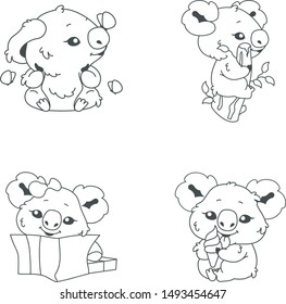 Cute koala kawaii linear characters pack. Adorable and funny animal sitting on branch, eating ice cream isolated stickers, patches. Anime baby koala doodle emojis thin line icons set