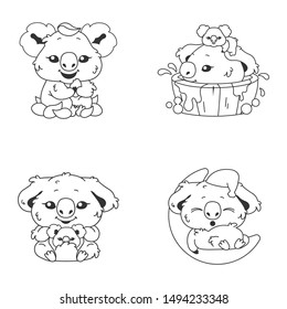 Cute koala kawaii linear characters pack. Adorable and funny animal sleeping on moon, eating eucalyptus isolated stickers, patches. Anime baby koala doodle emojis thin line icons set
