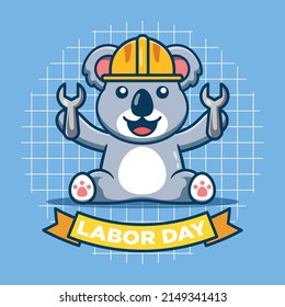 Cute koala with labor day theme. Flat cartoon style.