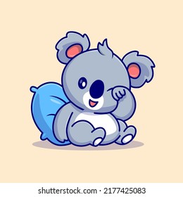 Cute Koala Lay On The Pillow Cartoon Vector Icon Illustration. Animal Nature Icon Concept Isolated Premium Vector. Flat Cartoon Style