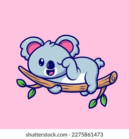 Cute Koala Lay on Tree Cartoon Vector Icon Illustration. Animal Nature Icon Concept Isolated Premium Vector. Flat Cartoon Style