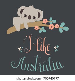 Cute koala laying on a floral tree branch. Hand lettering "I like Australia". Vector cartoon illustration