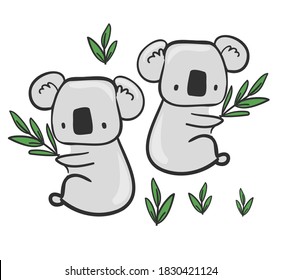Cute Koala And Leaves Isolated On White Background Vector Illustration