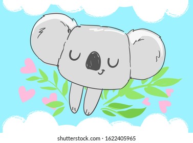 Cute koala and leaves. Pink heart. Beautiful childish print. Hand Drawn Animal Vector illustration.