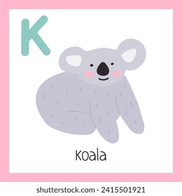 Cute koala. Buchstabe K. Englisches Alphabet für Kinder. Bildungsflache Vektorgrafik auf weißem Hintergrund.