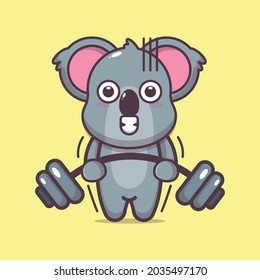 Cute koala lifting barbell. Cute animal cartoon illustration. Flat isolated vector illustration for posters, brochures, web, mascots, stickers, logos and icons.