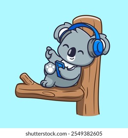 Cute Koala Listening Music With Headphone On Tree Cartoon 
Vector Icon Illustration. Animal Technology Icon Concept 
Isolated Premium Vector. Flat Cartoon Style