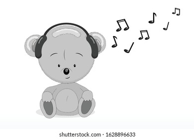 cute koala listens to music on headphones. Drawing on a white background