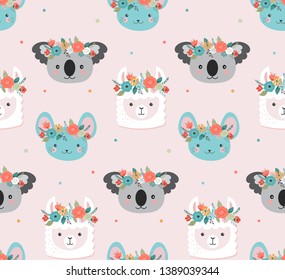 Cute koala, llama and mouse heads with flower crown, vector seamless pattern design for nursery, poster, birthday greeting card